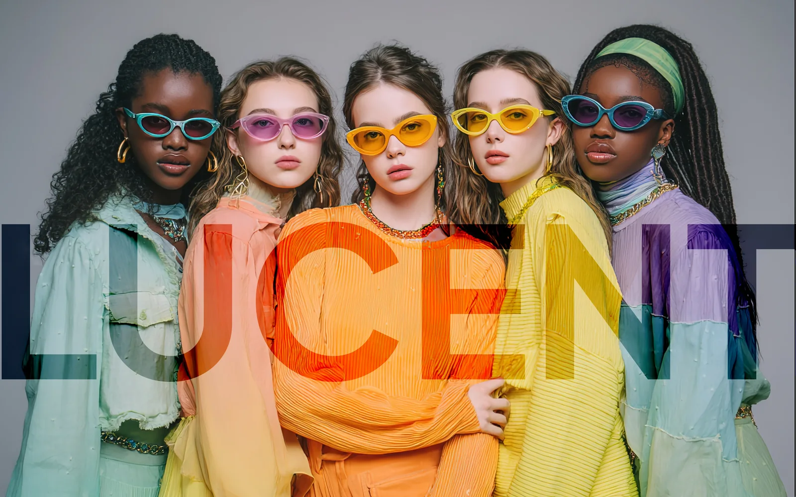 Five models wearing colorful Lucent eyewear
